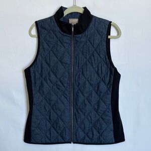 Chicos Sz 1 Quilted Sleeveless Vest in Blue and Black Cotton Blend with Pockets